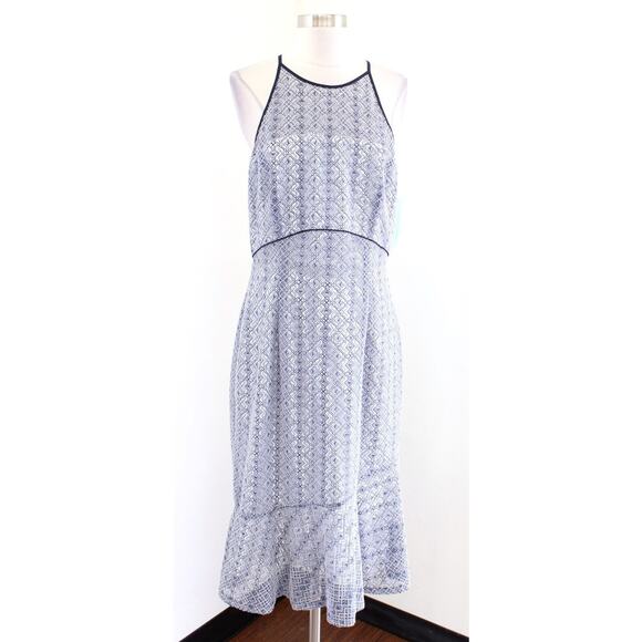 NWT Antonio Melani Blue Lace Illusion Halter Flounce Hem Sheath Dress Size 10 - Picture 1 of 8